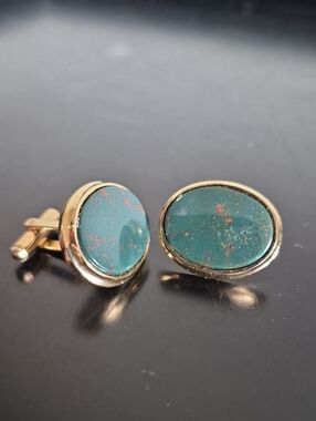 Senator Gold Cuff Links with Teal Green Stone Inlay